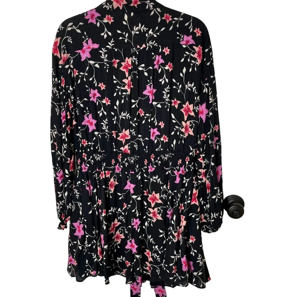Free People Lighten Up Black Floral Button Down Tie Waist Mini Dress Size‎ Small